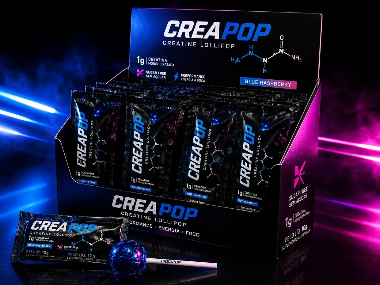 Caixa display CREAPOP com 12 pirulitos de creatina