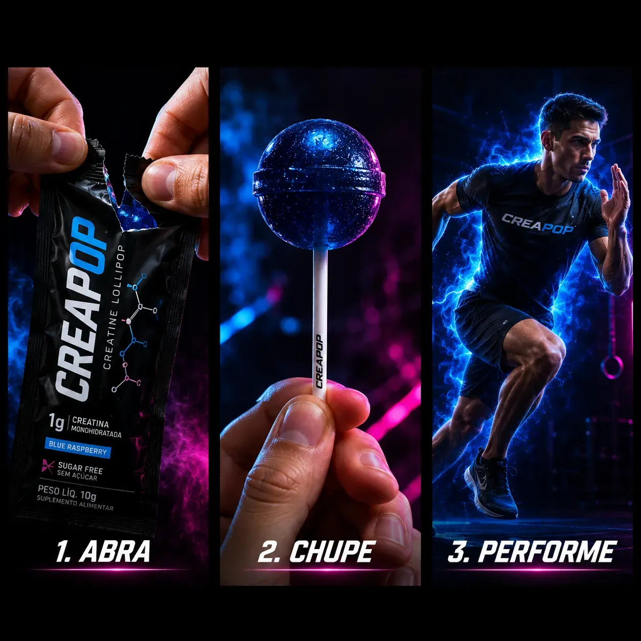 Como usar CREAPOP: 1 Abra, 2 Chupe, 3 Performe